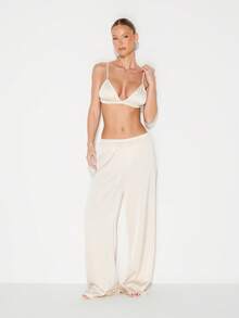 Satin Bralette Wide Leg Trouser Lounge Set For Comfort Sleepwear Pajama Set - Apricot - View 1