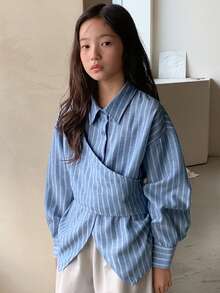 DAZY Tween Girls Turndown Collar Striped Long Sleeve Woven Shirt