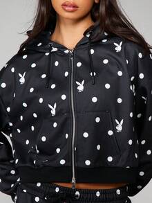 Missguided x Playboy Conjunto de sudadera con capucha y pantalón de chándal con estampado de conejitos con lunares, con cremallera delantera y cordón ajustable - Blanco y Negro - Ver 4