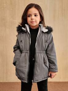SHEIN Elladie kids 女童休闲装饰连帽束腰派克大衣，适合冬季穿着，幼儿女童冬季外套，女童带帽冬季外套，婴儿女童冬季外套，儿童灰色冬季外套，女童灰色派克大衣，粉色保暖内衬冬季外套，秋季款 - 灰色 - 查看 6
