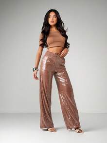 MISSGUIDED Sequined High-Waisted Wide Leg Palazzo Trousers For Evening Party Occasions - Khaki - View 5