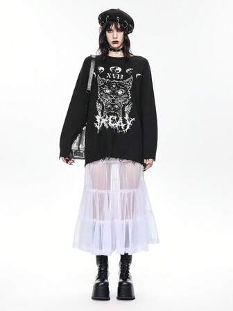 Oversized Gothic Katzen-Kopf Vintage-Design Pullover