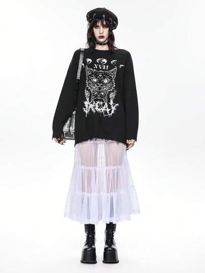 Goth Pull-shirt oversize avec design délavé de tête de chat gothique