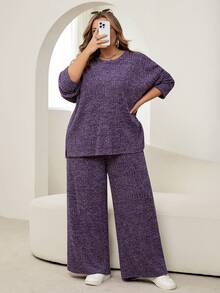 SHEIN CURVE+ 大码纯色简约日常穿搭圆领长袖上衣和裤子两件套 - 淡紫色 - 查看 9