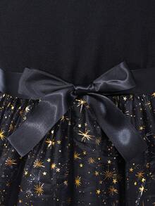 女童复古优雅连衣裙，珍珠领，泡泡袖，蝴蝶结腰带，星光网纱裙摆，适合派对、宴会和节日穿着。 - 黑色 - 查看 5