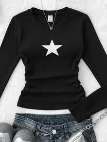 SHEIN 少女纯色星星图案褶皱吊带背心，适合冬季休闲穿着 - 黑色 - 查看 7