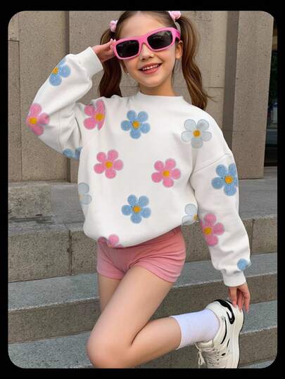 SHEIN 女童休闲时尚可爱甜美碎花圆领套头卫衣，秋冬季碎花卫衣，碎花上衣，套头秋季外套，返校季服装