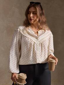 Elegantrix Áo sơ mi chấm bi ren họa tiết cỡ lớn dành cho nữ, thường ngày/công sở, thu/đông - Nhiều màu - Xem 6