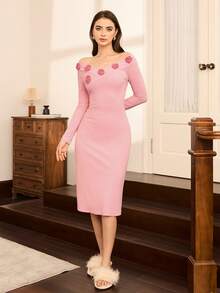Vestaglia elegante e comoda Moireta in tessuto lavorato a maglia con motivo floreale, adatta per il loungewear, per l'autunno e l'inverno - Rosa - Visualizzare 1