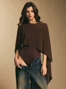 Poéselle Women's One-Shoulder Shawl Bodysuit – A Bodysuit With Draped, Asymmetrical Chiffon Sleeves, Creating An Elegant Nightlife Look. One-Shoulder Shawl Sleeve Bodysuit, Draped Bodysuit, Women's Asymmetrical Evening Top, Brown Bodysuit, Fashionable Chiffon Shawl Bodysuit, Autumn/Winter Style. Asymmetrical Top, Poncho Top, Chocolate Brown Top - Burgundy - View 5