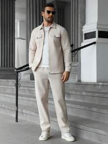 Manfinity Homme Men's Casual Solid Color Jacket And Pants Set Men's Knitted Set Men's Co Ord Set Cream Outfit Men Beige Men Outfit - Apricot - View 3