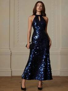 Aveloria Rosie Robe élégante sans manches ornée de sequins, style britannique - Bleu marine - Voir 4