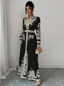 Rafferiza 复古花卉印花 V 领灯笼袖荷叶边下摆连衣裙，适合女士度假和宫廷风格 - 黑色 - 查看 6