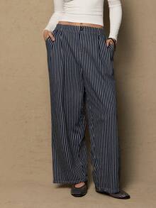 SHEIN VCAY Plus Size Striped Casual Pants Stripe Pants Women Wide Leg Pants Western - Blue and White - View 3