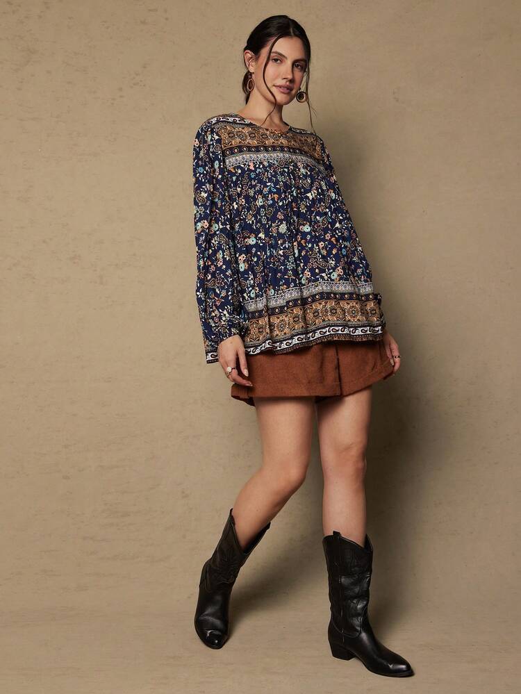 SHEIN VCAY Blusa holgada con estampado bohemio vintage de talla grande, camisa con estampado floral de otoño - Azul Marino - Añade 6