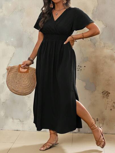 Roveilla Plus Size V-Neck Cinching Waist Split Batwing Sleeve Dress Maxi Women Outfit