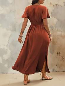 Roveilla 大码V领荷叶边袖系腰褶裥开衩下摆连衣裙长款女装