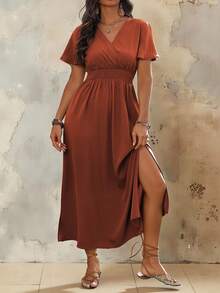 Roveilla 大码V领荷叶边袖系腰褶裥开衩下摆连衣裙长款女装