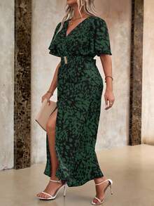 Roveilla Plus Size Women's V-Neck Leopard Print Short Sleeve Split Hem Casual Dress, For Christmas Maxi Women Outfit - Army Green - View 4