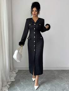 Elenzga 女士新款宴会风格黑色复古仿皮草拼接设计高端派对礼服，秋冬款 - 黑色 - 查看 6