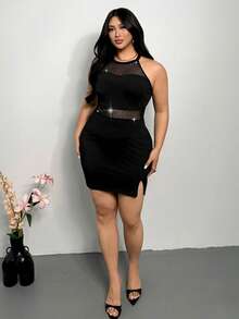 SHEIN Privé Plus Size Black Classy Night Out Club Sommar Women's Elegant Rhinestone Halter Neck Semi-Sheer Single Side Slit Bodycon Patchwork Fairy Party Dress - Black - View 8
