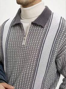 Manfinity CityGents 男士格子条纹长袖拉链 Polo 领休闲毛衣，秋冬 - 彩色 - 查看 2