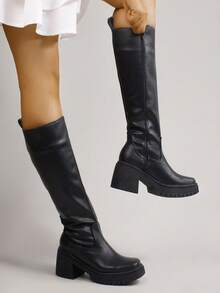 Botas Largas De Mujer Con Tacón Grueso Y Suela Dentada, Botas Altas De Piel Sintética Estilo Casual A La Moda Con Cierre Lateral - Negro - Ver 4