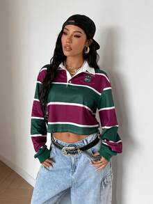 SHEIN HypeZone 女士休闲条纹衬衫领卫衣 - 彩色 - 查看 4