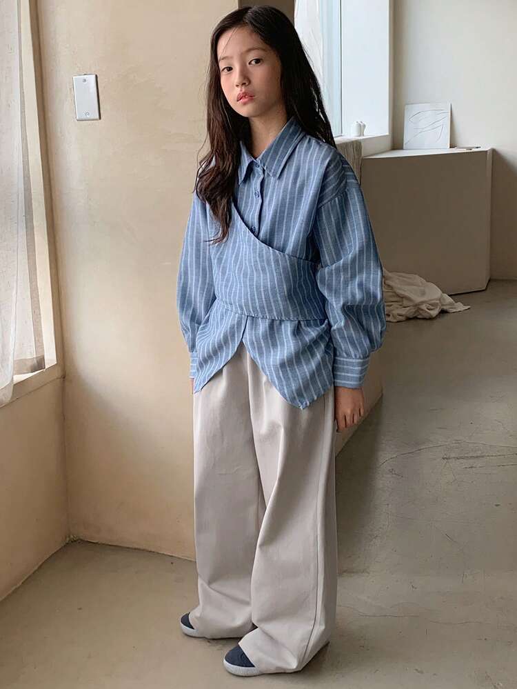 Tween Girls Turndown Collar Striped Long Sleeve Woven Shirt