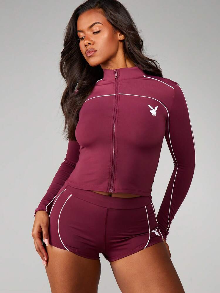 Missguided x Playboy Funnel Neck Zip Up Track Top And Cycling Shorts Coordinated Set With White Contrast Piping Detail