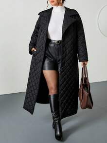 Firerie Abrigo acolchado de unicolor simple para uso diario y casual con cuello de solapa y cinturón de amarre para mujer talla grande, invierno - Negro - Ver 5