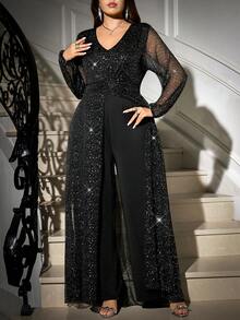 Gownix Curvy Plus-Size Women's Romantic And Elegant Party Jumpsuit, Black V-Neck With Sheer, Shimmering Silver-Stamped Mesh, Lantern Sleeves, Fitted Waist, Cape Style, Long Length, Made Of High-Quality, High-Elasticity Knit Fabric,Formal Jumpsuits For Women, New Year Women's Clothes , New Year Look , Elegant Dresses For Party , Curvy Party Dresses,Going Out ,Graduation Dress For Women ,Long Graduation Dress , Elegant Long Ball Gown , Prom Dresses For Women , Formal Ball Gowns For Women , Prom Dress Plus Size,Sparkly Dress ,Sequin Dress,Night Out,Date Night Outfits Women,Mother Of The Bride Dresses For Wedding,Formal Dresses For Women ,Luxury Dress,Chic Evening Dress ,Black Formal Dress For Women/Winter,Christmas And New Year,Party,2025 New,Elegant Party Dress,Women's Formal Wear ,Christmas,New Year,Hanksgiving Outfit For Women,Elegant Dresses For Women, Stylish Clothing Collection - Black - View 6