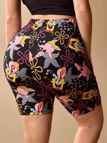 SpongeBob SquarePants | SHEIN 大码可爱卡通图案弹力打底短裤 - 黑色 - 查看 2