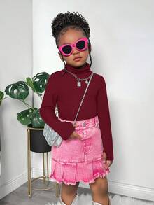 Áo thun dài tay cổ tròn, màu trơn, dáng ôm, dành cho bé gái, thích hợp mặc cùng anh chị em (bán riêng). - Màu Đỏ Sâu - Xem 2