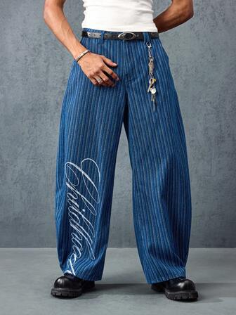 Street Life بنطلون جينز كاجوال للرجال مطبوع بخطوط منحنية الحافة