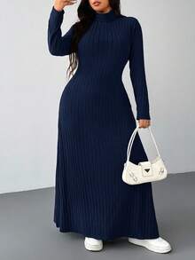 SHEIN EZwear 藏蓝色羊毛罗纹纹理休闲加大码长款连衣裙，秋冬款 - 藏蓝色 - 查看 1