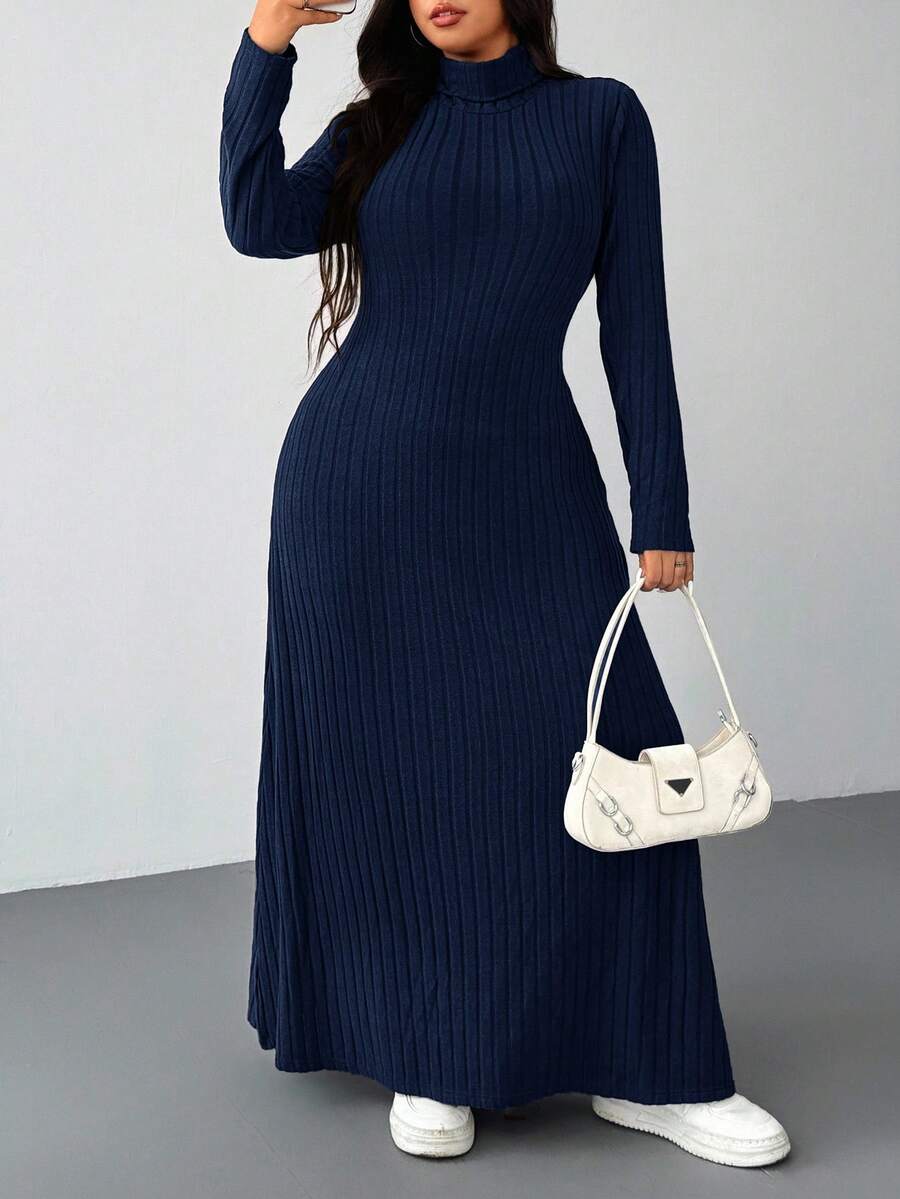 SHEIN EZwear 藏蓝色羊毛罗纹纹理休闲加大码长款连衣裙，秋冬款 - 藏蓝色 - 查看 1