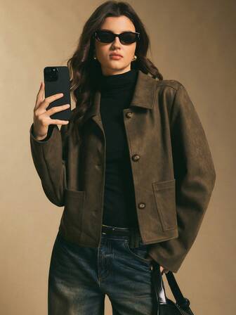 Poéselle Women's Casual Daily Commute Versatile Patchwork Pocket Jacket, Autumn Brown Blazer Women Shackets For Women Brown Jacket Women Outerwear Women Women Jackets,Olive Green Suede Cropped Jacket – A Classic Layering Piece For Women's Winter Holidays.,Women's Winter Jacket ,Winter Clothes For Women,Winter Outfit For Women