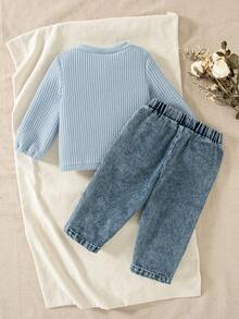 SHEIN Playful Pals 2pcs/Set Baby Girl Autumn&Winter Casual Style Suit,Bowknot Decoration ,Long Sleeves Top&Long Jeans