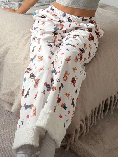 DAZY Dog Print Fleece Patchwork Design Cozy Winter Loose Women Fluffy Sleep Bottoms