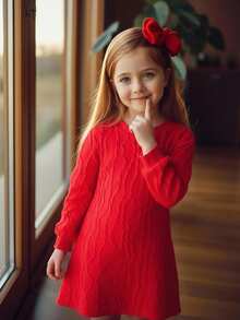 SHEIN 年轻女孩休闲纹理宽松圆领连衣裙，秋季 - 紅色 - 查看 5