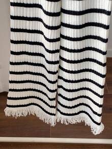 SHEIN EZwear 女式黑白条纹流苏下摆针织裤 - 黑與白 - 查看 6