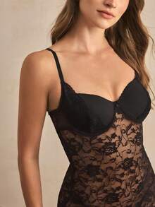 Charlaine 1 件女士性感蕾丝 V 型后背钢圈薄杯吊带背心连衣裙，黑色 - 黑色 - 查看 6