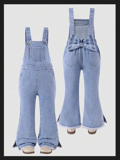女童牛仔背带裤，甜美可爱休闲学院风度假装推荐，浅蓝色水洗牛仔，磨边下摆+开衩设计，后背超大蝴蝶结，活泼俏皮，修身廓形，舒适贴身，可调节肩带，方便穿着，适合外出、约会、海滩度假、派对、返校，一年四季百搭单品