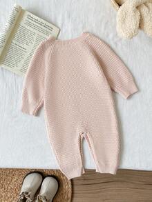 SHEIN Vintaside Kids 婴儿/女婴针织连体衣，长袖纽扣式连体衣，厚实柔软舒适面料，方便按扣，适合冬季、秋季、新生儿、婴儿、幼儿、万圣节、圣诞节、度假、节日、居家 - 米色 - 查看 2