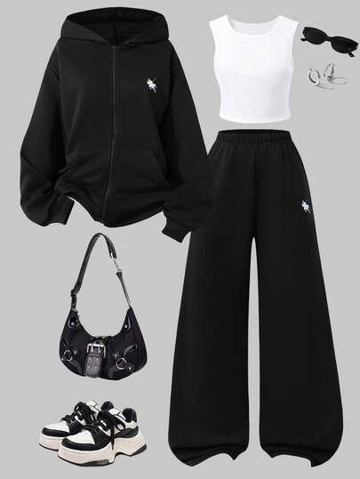 3 件套青少年女孩休闲装，包括带马图案的连帽拉链运动衫、白色背心和松紧腰直筒裤，秋季