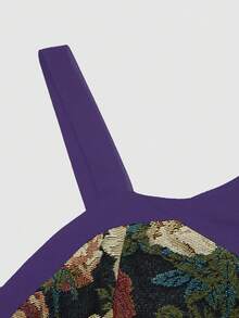 Sweetra 印花拼接抹胸系带喇叭袖大码连衣裙 - 淡紫色 - 查看 5