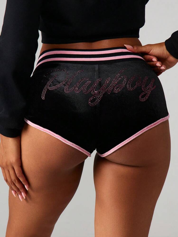 Missguided x Playboy Velour Mini Booty Shorts With Pink Rhinestone Logo And Contrast Trim Details