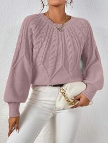EMERY ROSE Casual Solid Color Lantern Sleeve Sweater, Autumn/Winter - Pink - View 6
