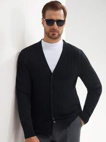 Manfinity Mode Herren einfarbiger minimalistischer Lässig Cardigan, Herbst/Winter, Langarm Oberteil - Schwarz - Übersicht 3